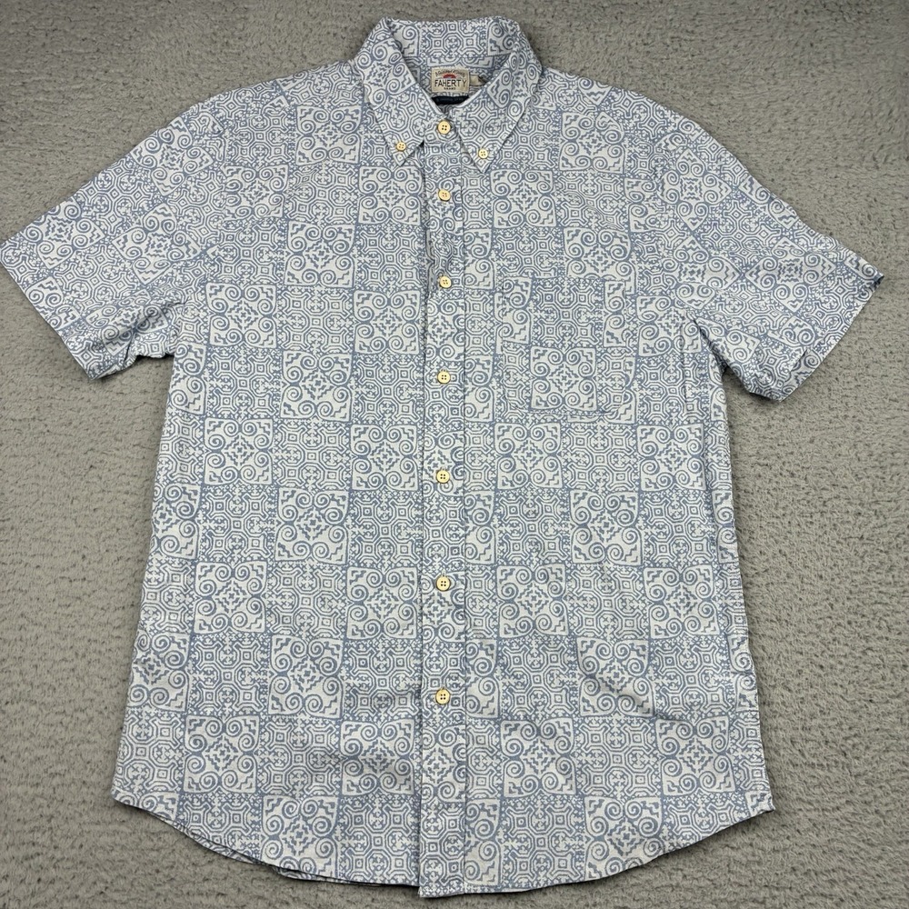 Faherty Button Down Shirt Men's Medium Indigo Blue Geometric Print Lightweight